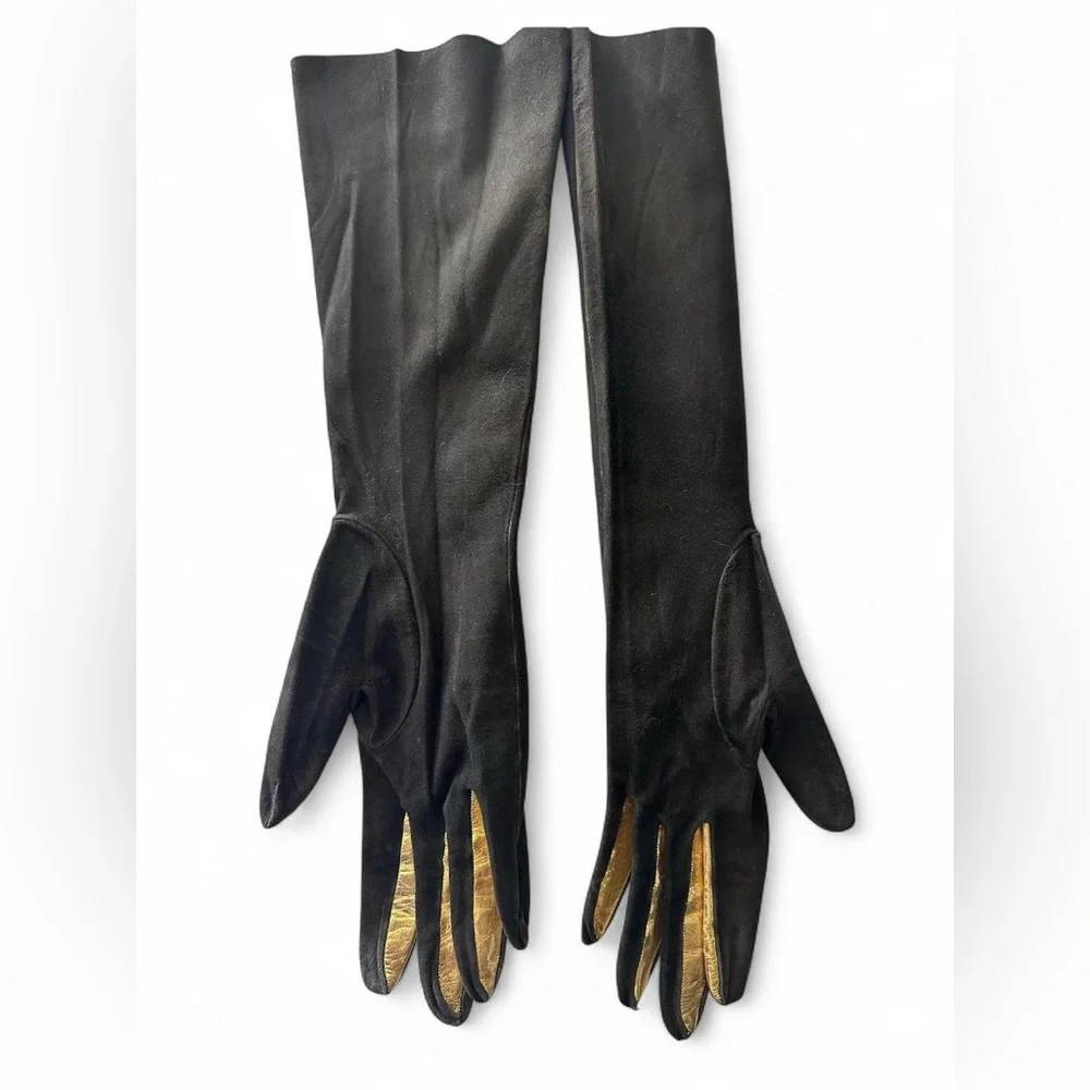 FREDDY PARIS VINTAGE LONG GLOVES BROWN SUEDE W GOLD LEATHER FINGER ACCENTS RARE